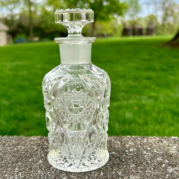 Vintage Pressed Glass Perfume / Cologne Bottle with Stopper / Dauber 6 1/4” tall - Picture 1 of 7